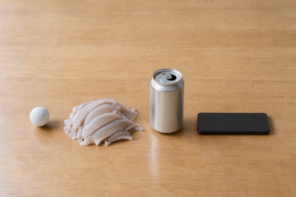 What does 300 grams of catfish fillet look like? Shown at true scale next to a golf ball, a soda can and a smartphone.