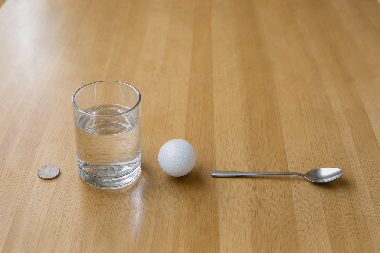 What does 16 fluid ounces of water look like? Shown at true scale next to a US quarter, a golf ball and a teaspoon.