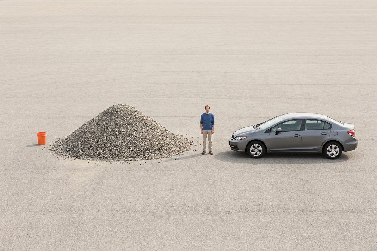 What does 14 cubic yards of gravel look like? Shown at true scale next to a 5-gallon bucket, an adult person and a sedan car.