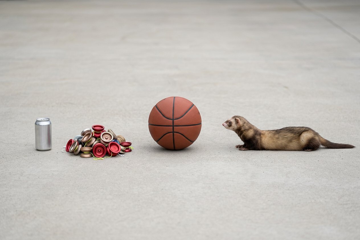 How many yo-yos weigh as much as a ferret? Shown at true scale next to a soda can, a basketball and a ferret.