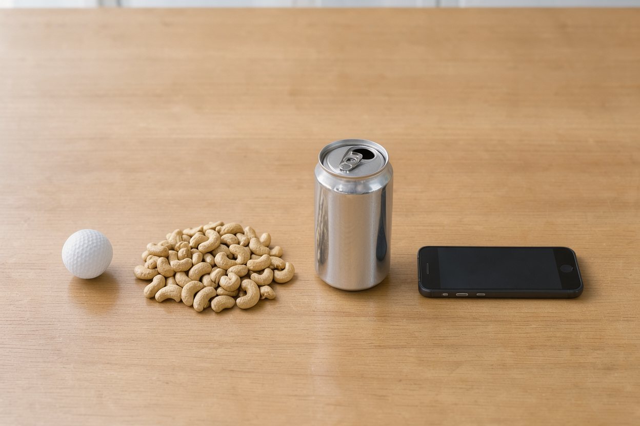 What does 1 cup of cashews look like? Shown at true scale next to a golf ball, a soda can and a smartphone.