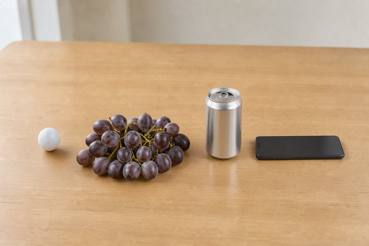 What does 500 grams of grapes look like? Shown at true scale next to a golf ball, a soda can and a smartphone.