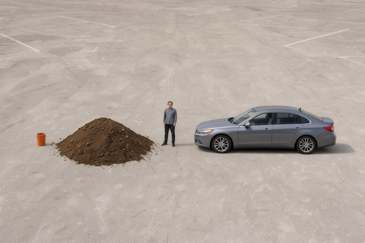What does 3.7 cubic yards of topsoil look like? Shown at true scale next to a 5-gallon bucket, an adult person and a sedan car.