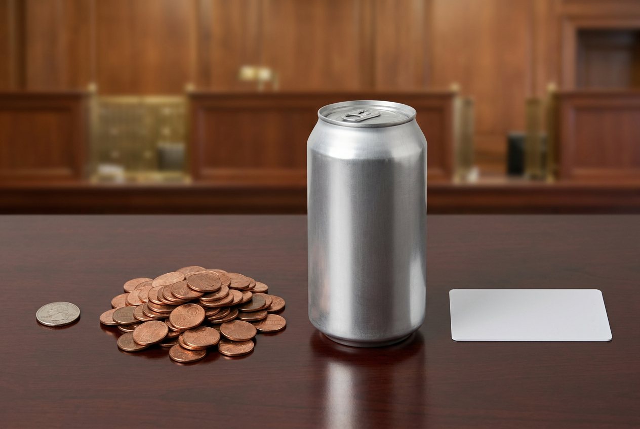 What do 100 pennies look like? Shown at true scale next to a US quarter, a soda can and a credit card.