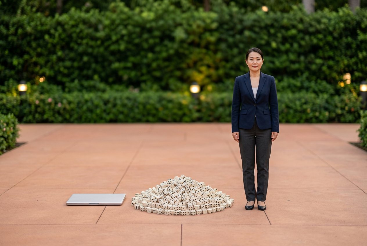 What do 5,000 dice look like? Shown at true scale next to a laptop and an adult person.