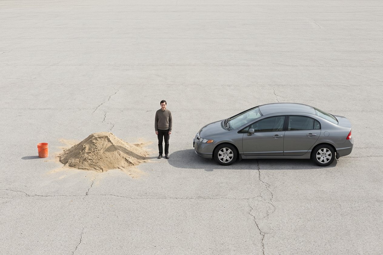 What does 1.6 cubic yards of dry sand look like? Shown at true scale next to a 5-gallon bucket, an adult person and a sedan car.