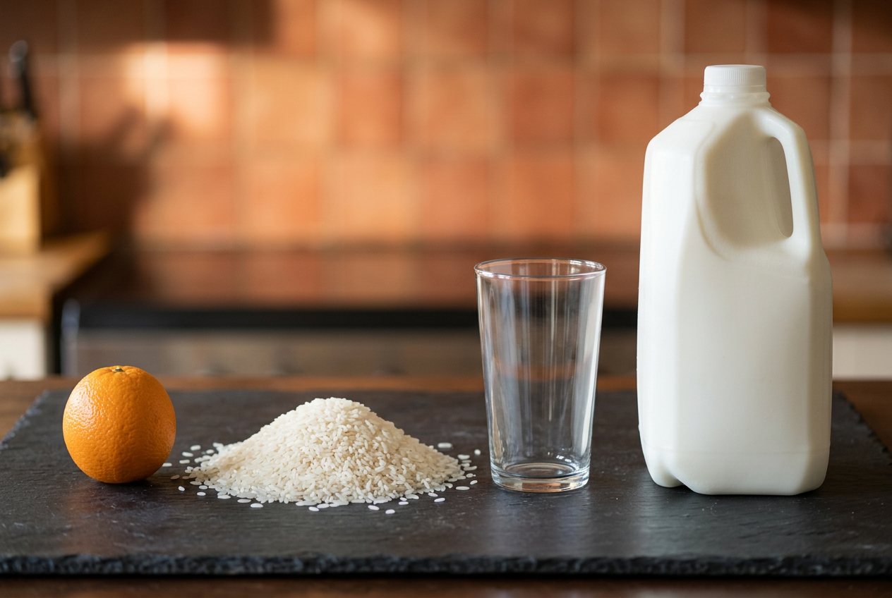 What does 1 pound of long-grain rice look like? Shown at true scale next to an orange, a pint glass and a gallon milk jug.