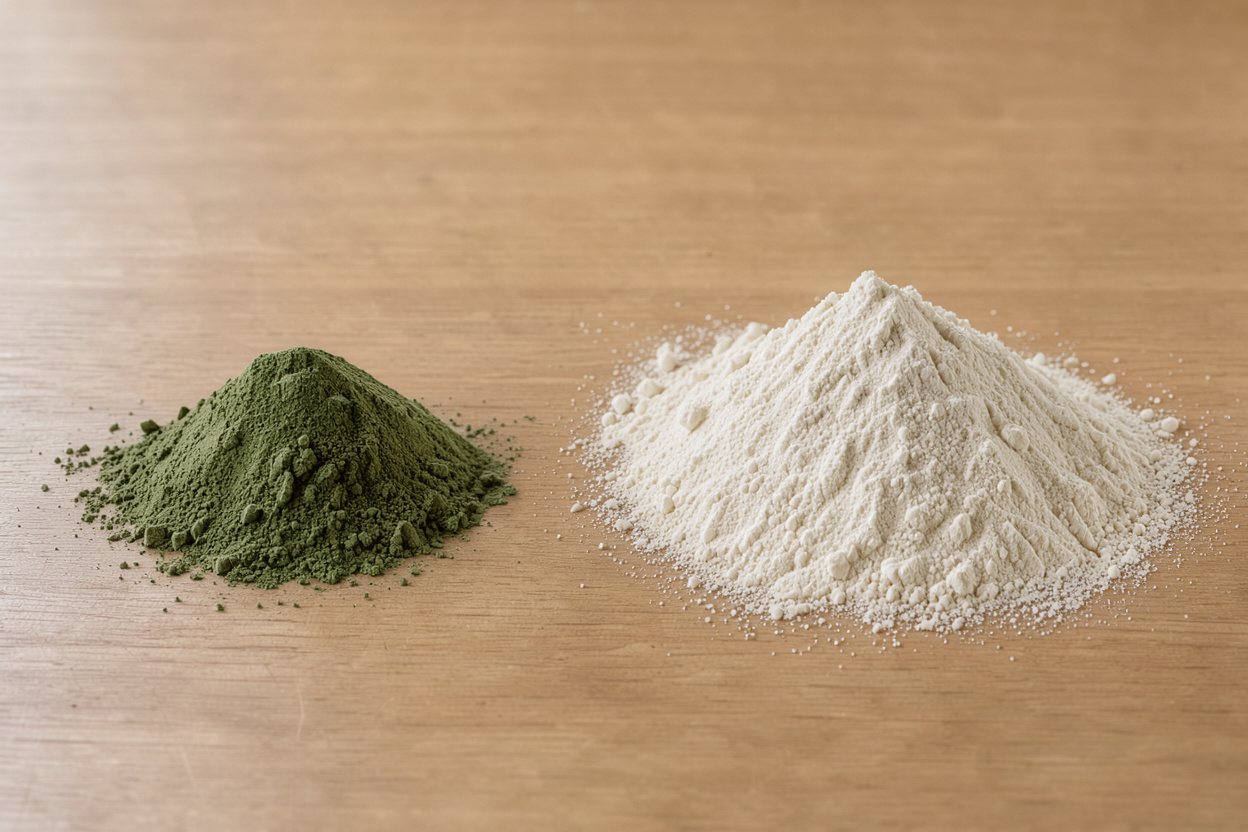 10 g of greens powder vs 30 g of whey protein powder: size comparison