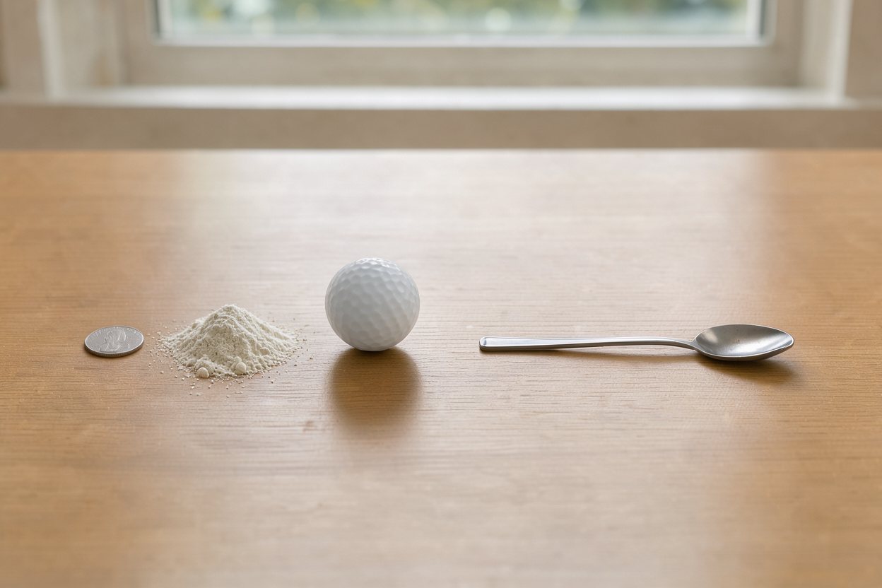 What does 10 grams of essential amino acids powder look like? Shown at true scale next to a US quarter, a golf ball and a teaspoon.