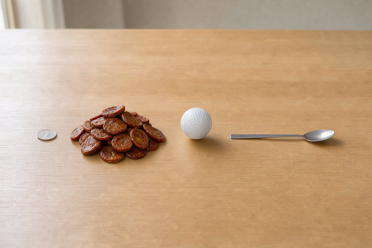 What does 150 grams of cooked chorizo look like? Shown at true scale next to a US quarter, a golf ball and a teaspoon.