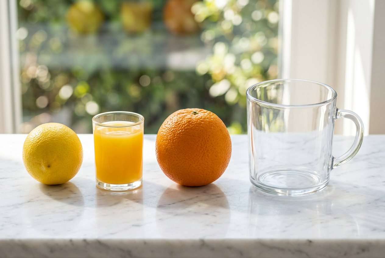 What does 100 grams of orange juice look like? Shown at true scale next to a lemon, an orange and a 1-cup measure.