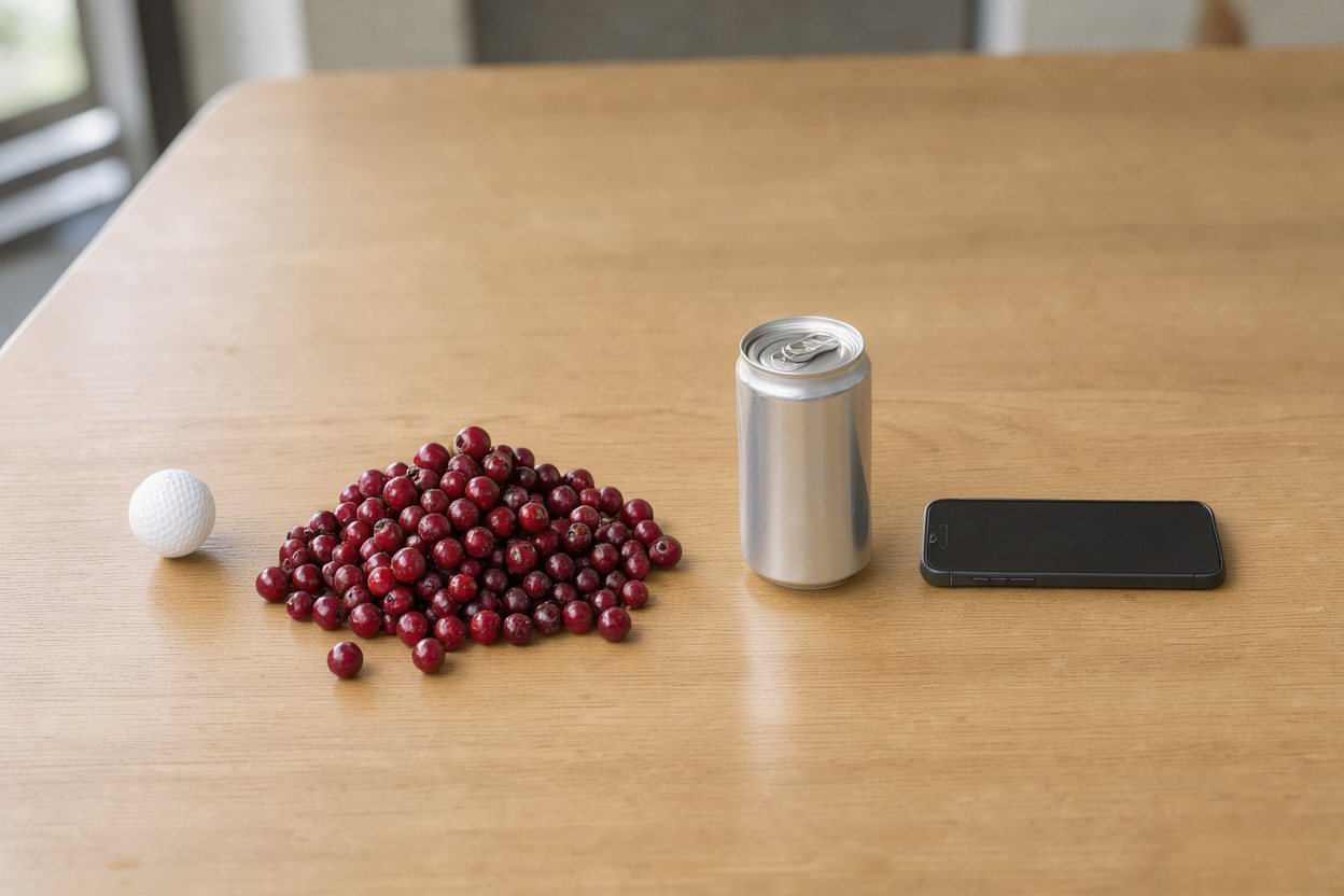 What does 250 grams of fresh cranberries look like? Shown at true scale next to a golf ball, a soda can and a smartphone.