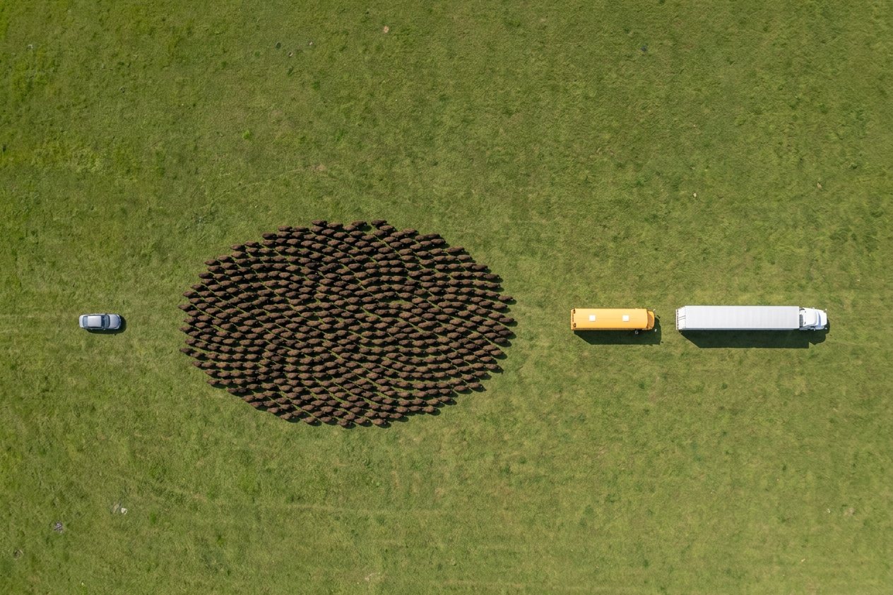 What do 500 bison look like? Shown at true scale next to a sedan car, a school bus and a semi truck.