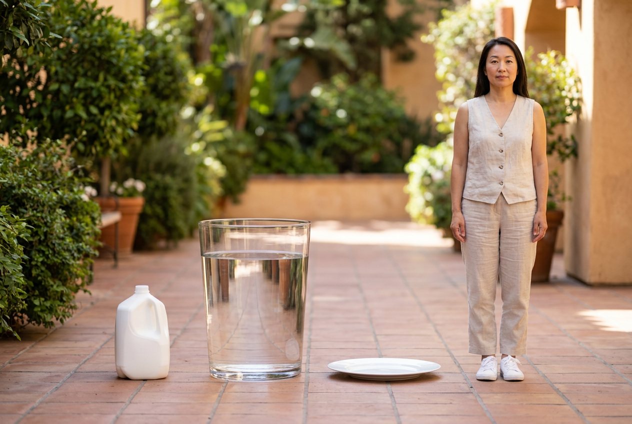 What does 20 gallons of water look like? Shown at true scale next to a gallon milk jug, a dinner plate and an adult person.
