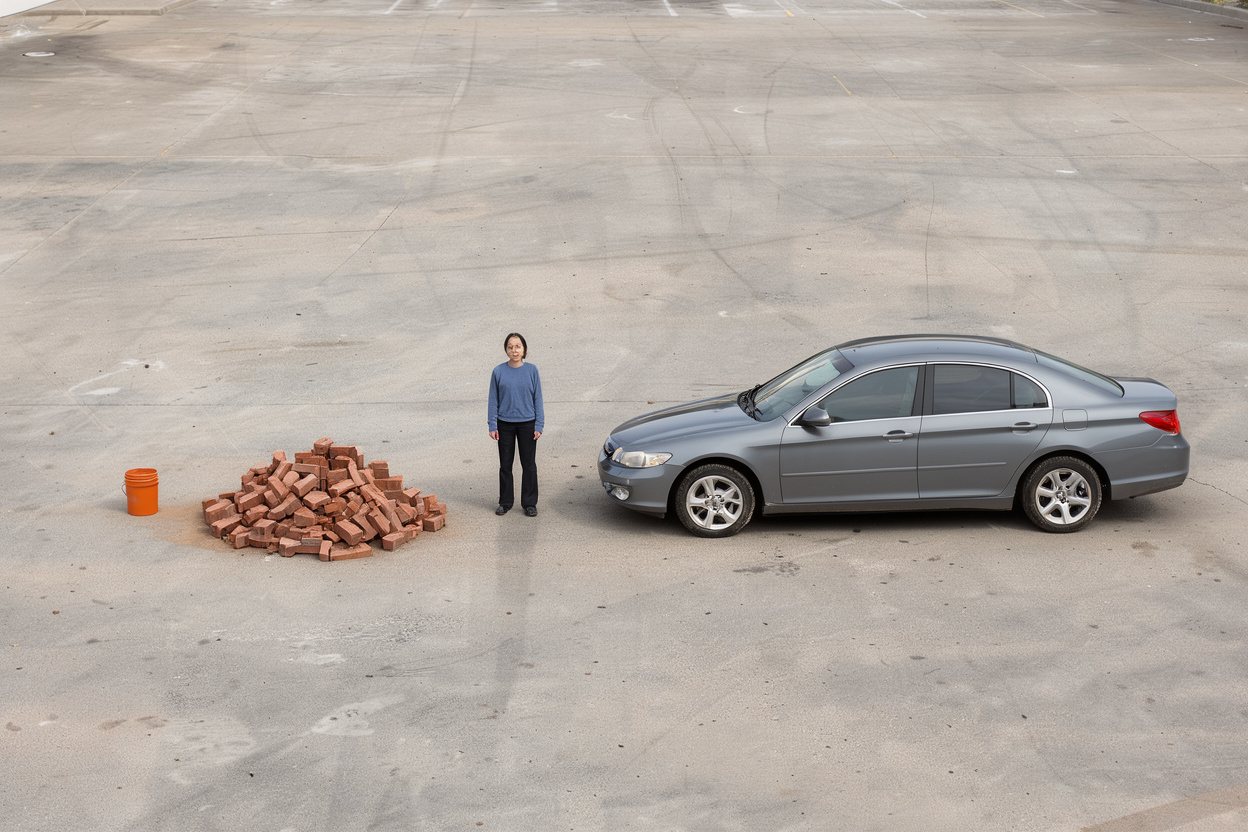 What do 500 bricks look like? Shown at true scale next to a 5-gallon bucket, an adult person and a sedan car.