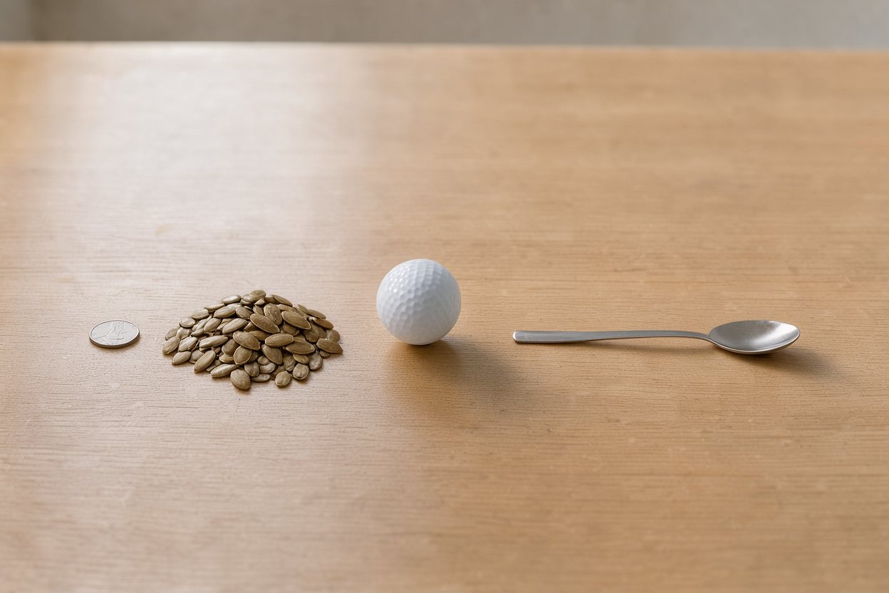 What does 1 ounce of pumpkin seeds look like? Shown at true scale next to a US quarter, a golf ball and a teaspoon.