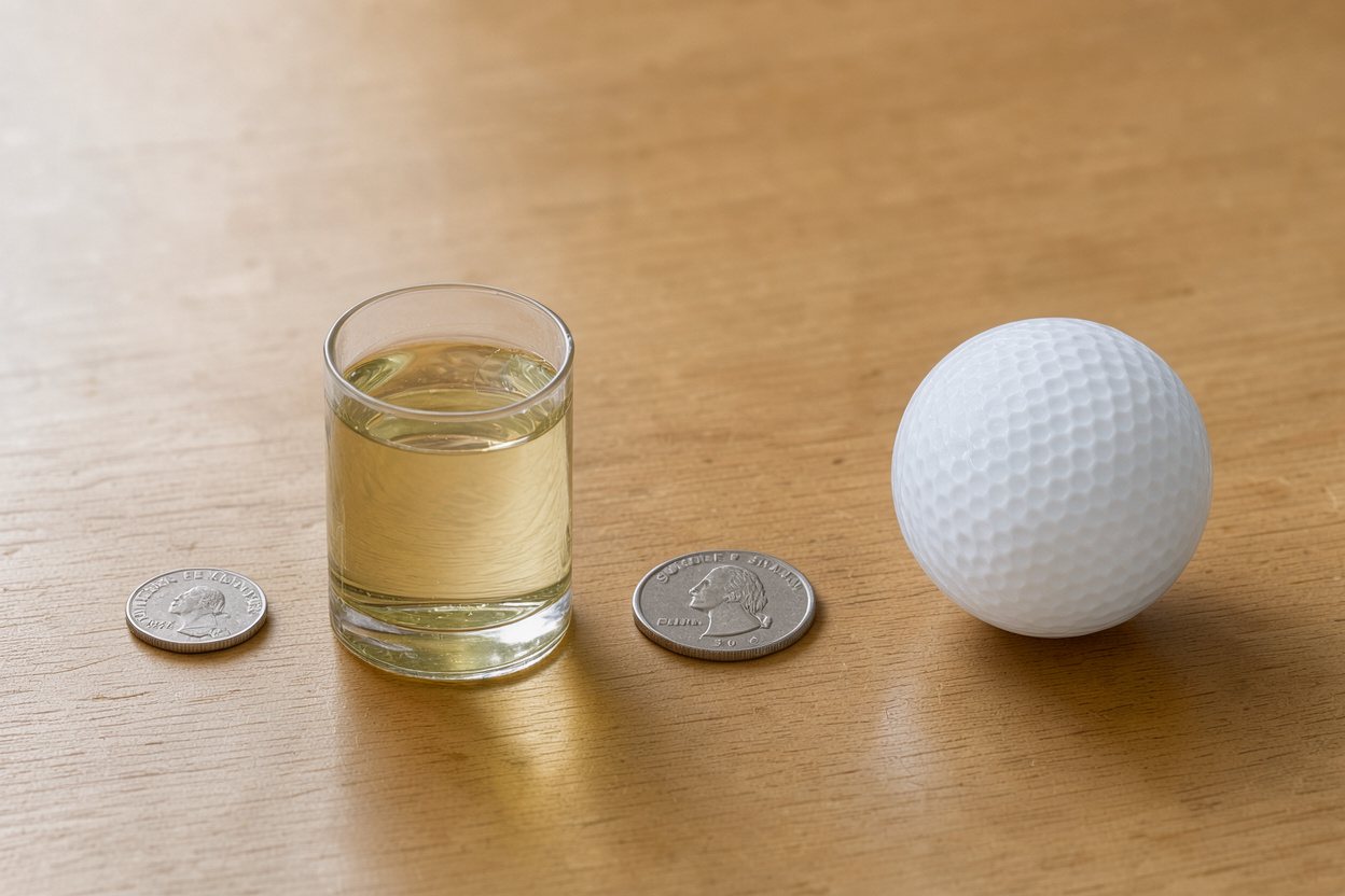 What does 30 milliliters of vegetable oil look like? Shown at true scale next to a US dime, a US quarter and a golf ball.