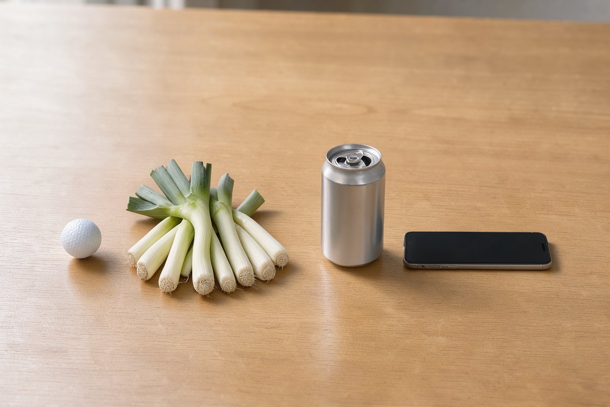 What does 250 grams of leeks look like? Shown at true scale next to a golf ball, a soda can and a smartphone.