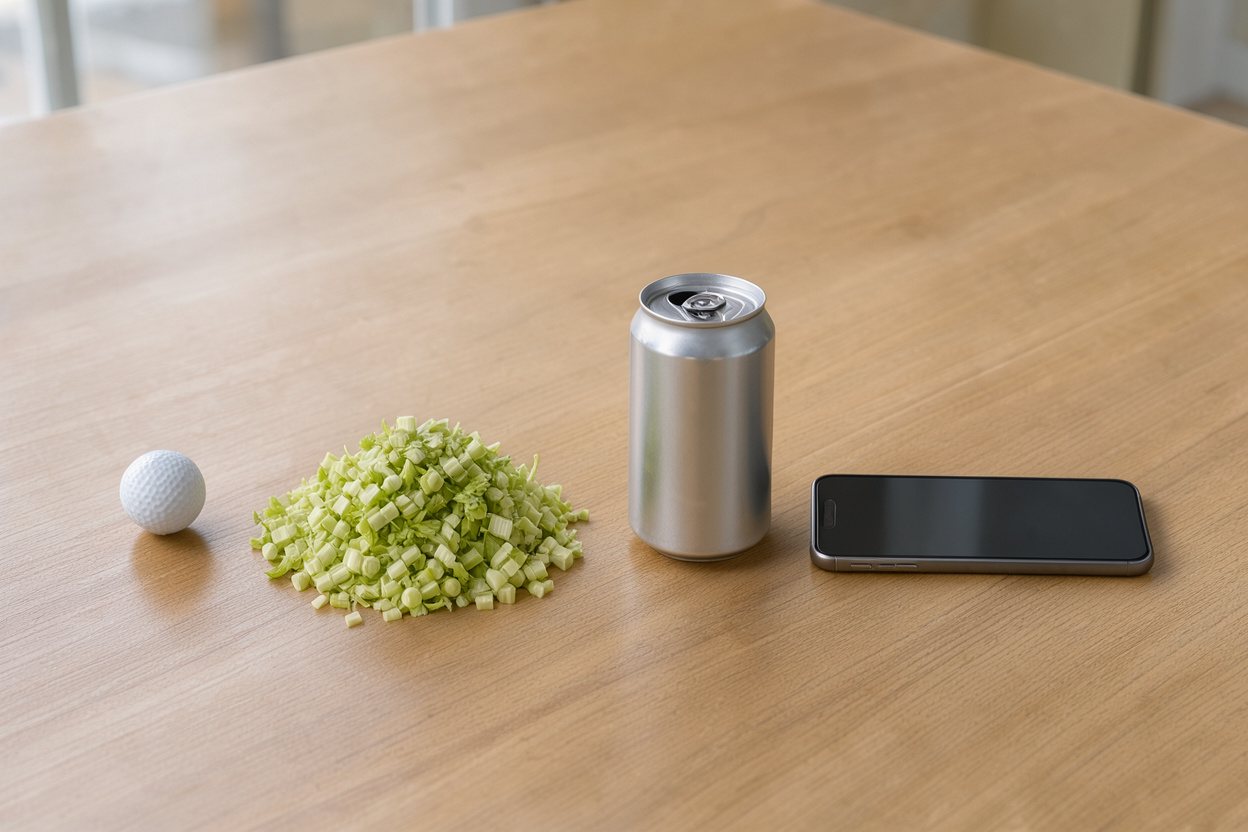 What does 200 grams of chopped celery look like? Shown at true scale next to a golf ball, a soda can and a smartphone.