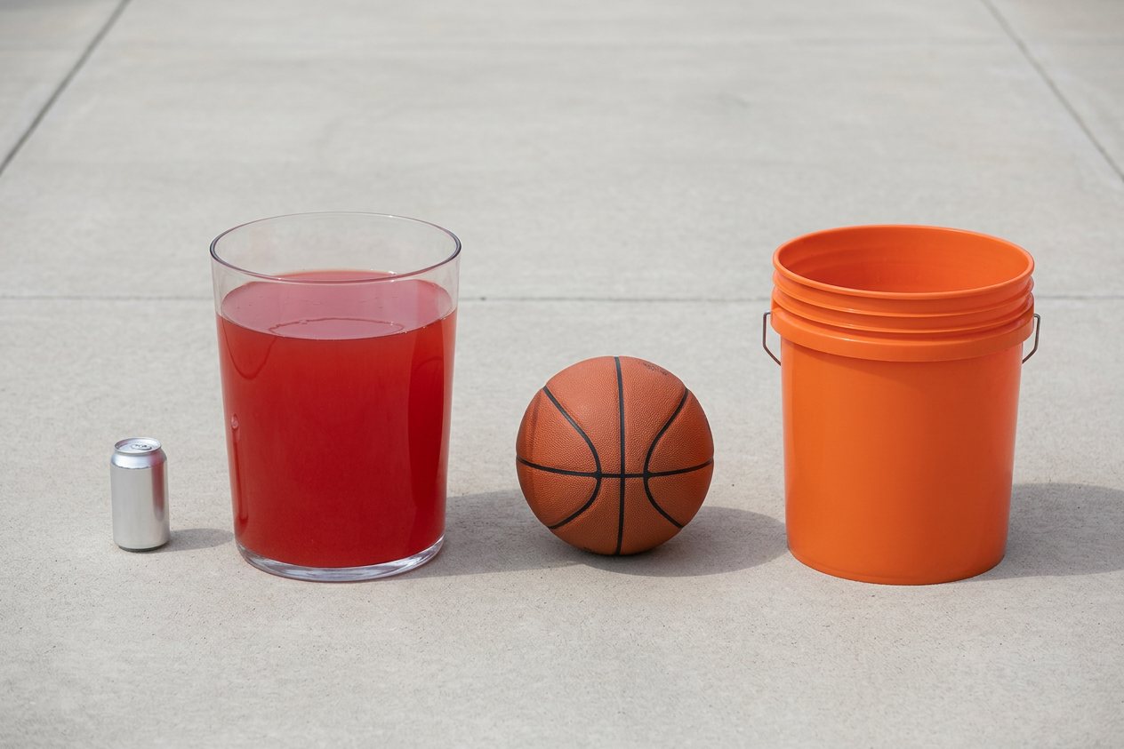 What does 100 cups of fruit punch look like? Shown at true scale next to a soda can, a basketball and a 5-gallon bucket.