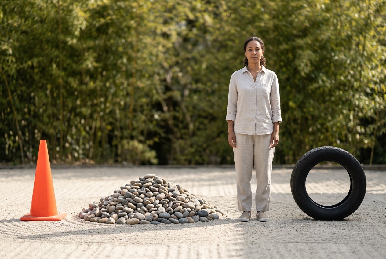 What do 1,000 river stones look like? Shown at true scale next to a traffic cone, an adult person and a car tire.