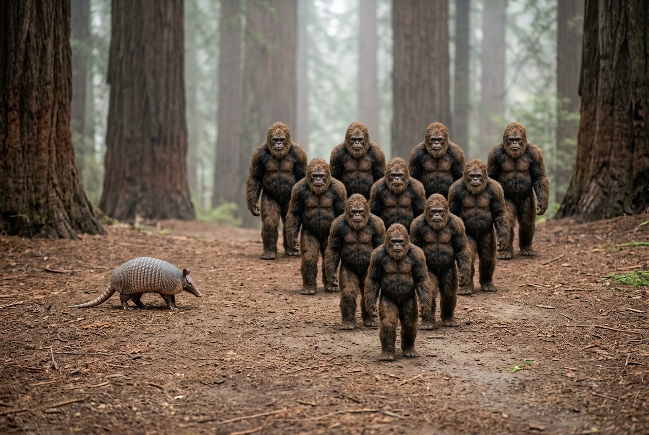 Giant armadillo vs 10 bigfoots set up like bowling pins: size comparison