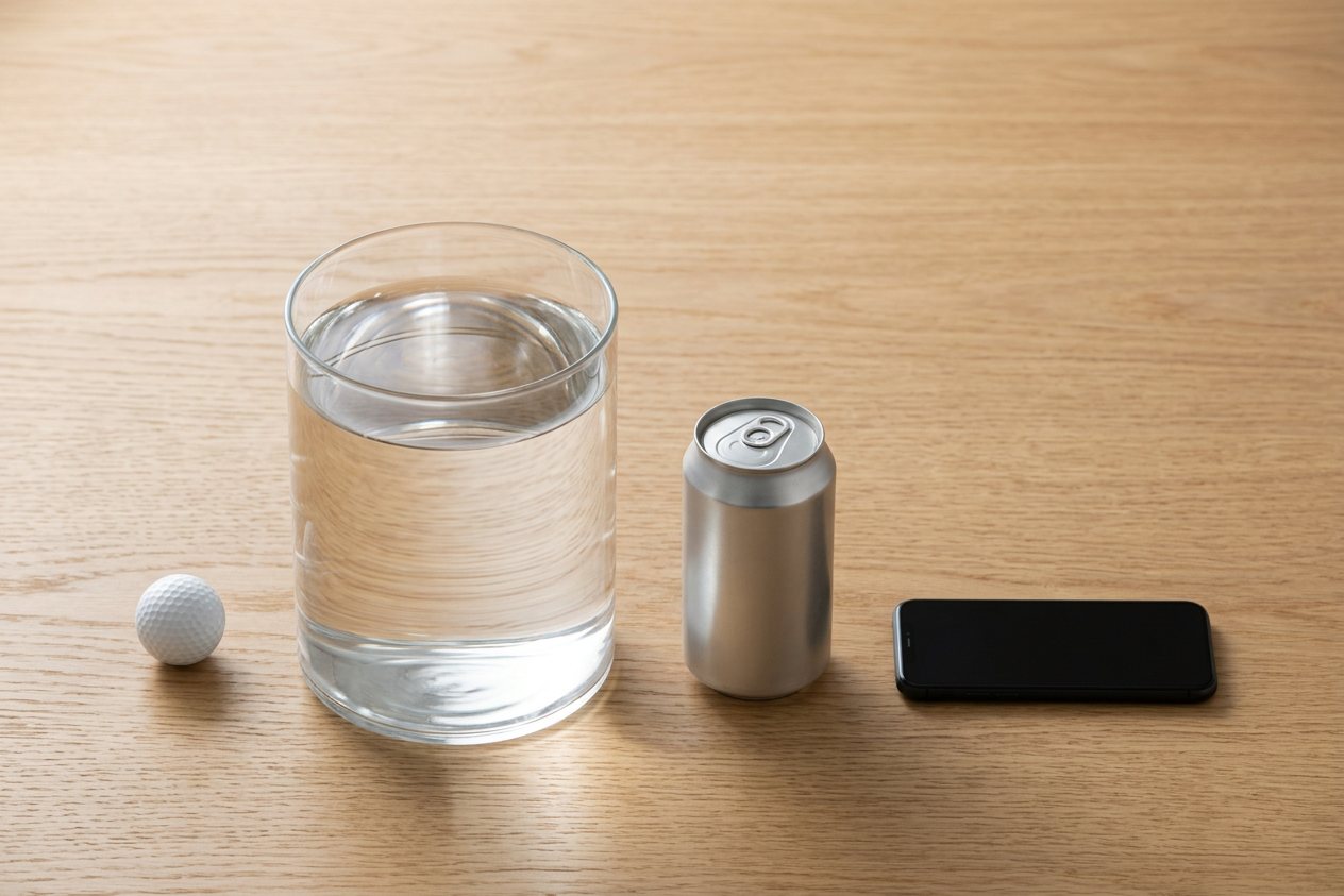 What does 3 liters of water look like? Shown at true scale next to a golf ball, a soda can and a smartphone.