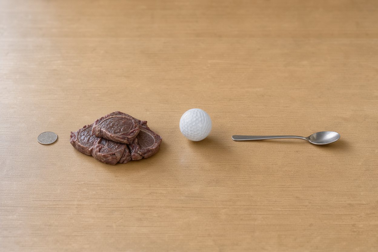What does 6 ounces of flank steak look like? Shown at true scale next to a US quarter, a golf ball and a teaspoon.