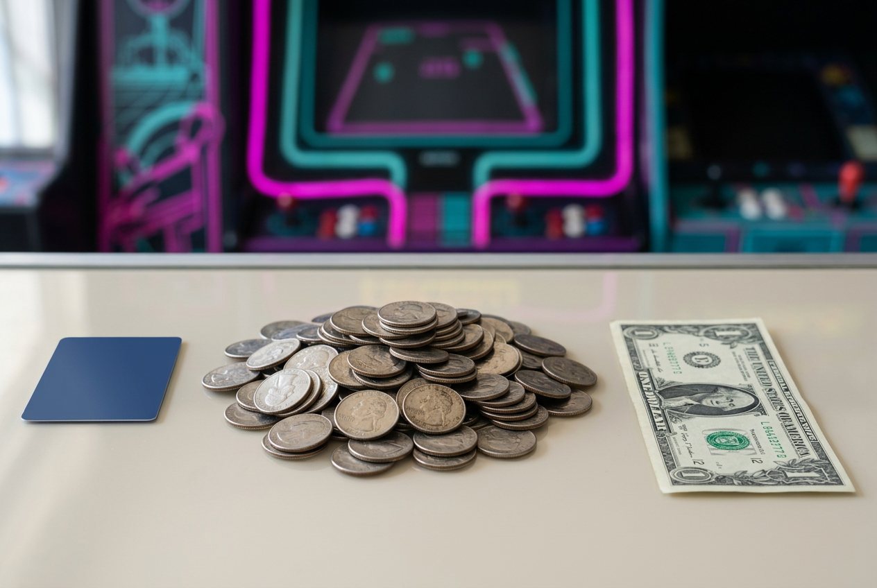 What do 500 quarters look like? Shown at true scale next to a credit card and a dollar bill.