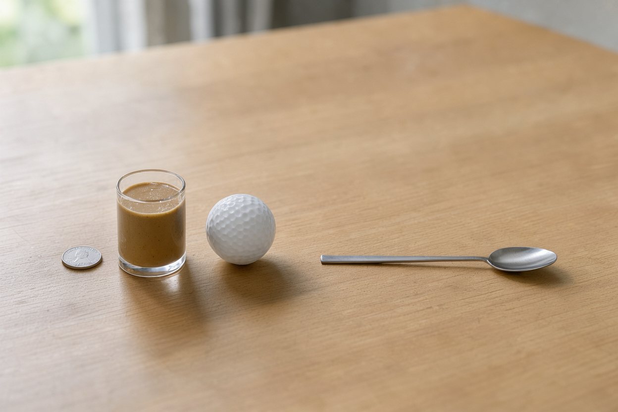 What does 0.25 cups of almond butter look like? Shown at true scale next to a US quarter, a golf ball and a teaspoon.