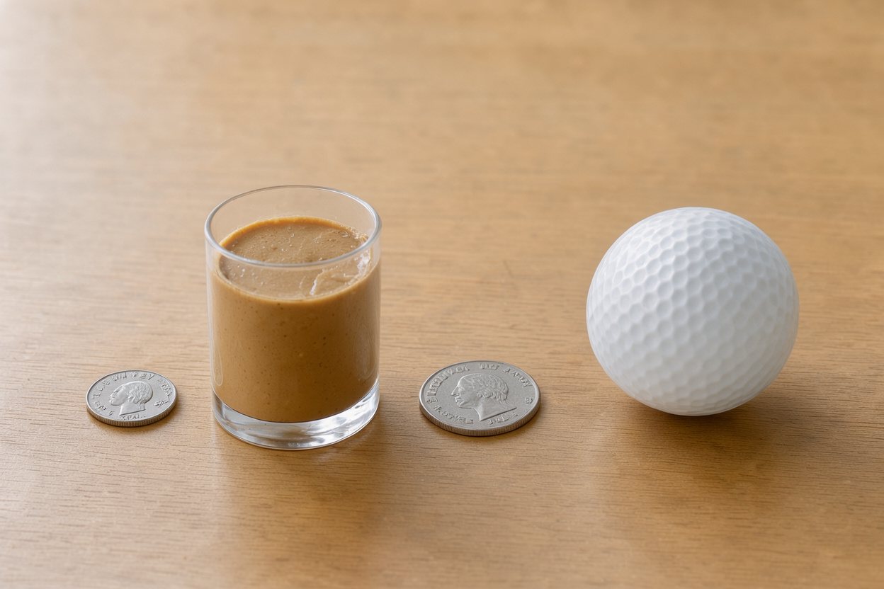 What does 35 grams of peanut butter look like? Shown at true scale next to a US dime, a US quarter and a golf ball.