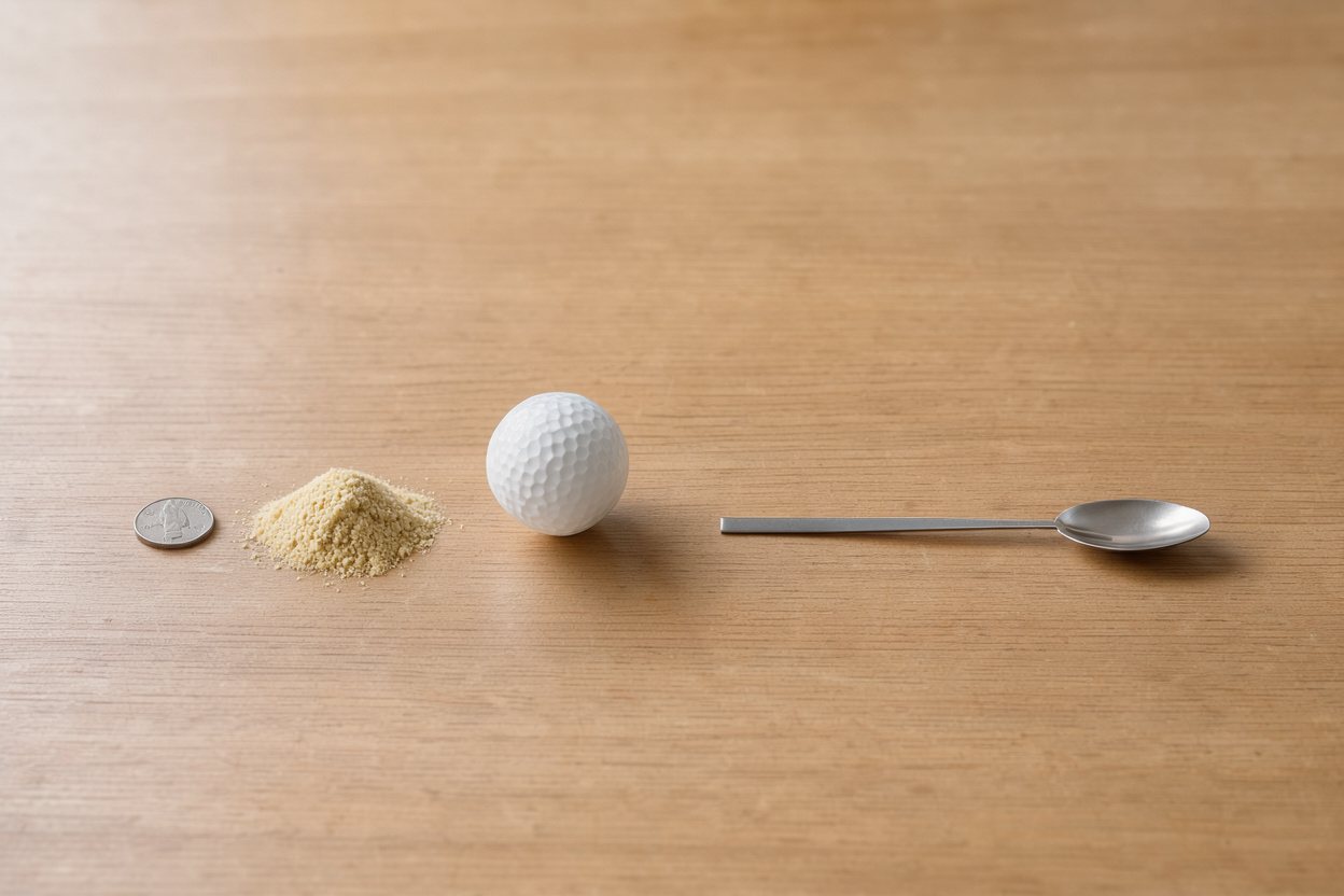 What does 1 tablespoon of nutritional yeast look like? Shown at true scale next to a US quarter, a golf ball and a teaspoon.