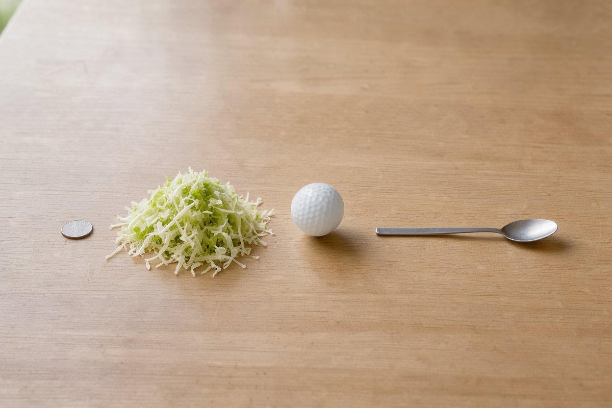 What does 1 cup of shredded lettuce look like? Shown at true scale next to a US quarter, a golf ball and a teaspoon.