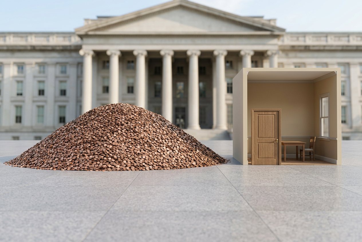 How many pennies would fill a room? Shown at true scale next to a room.