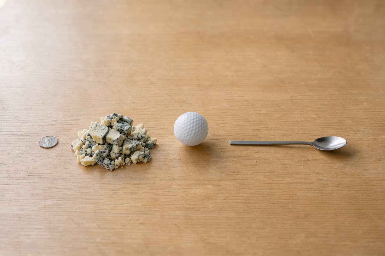 What does 75 grams of blue cheese look like? Shown at true scale next to a US quarter, a golf ball and a teaspoon.