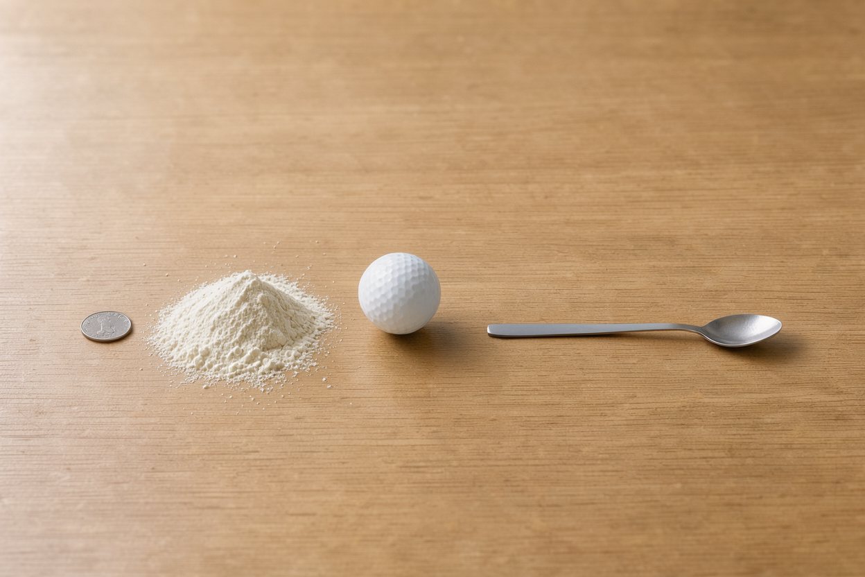 What does 30 grams of casein protein powder look like? Shown at true scale next to a US quarter, a golf ball and a teaspoon.