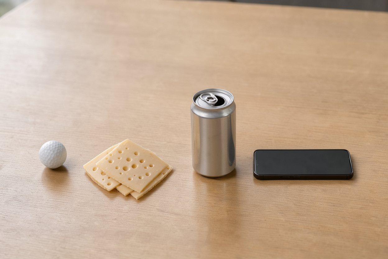 What does 200 grams of swiss cheese slices look like? Shown at true scale next to a golf ball, a soda can and a smartphone.