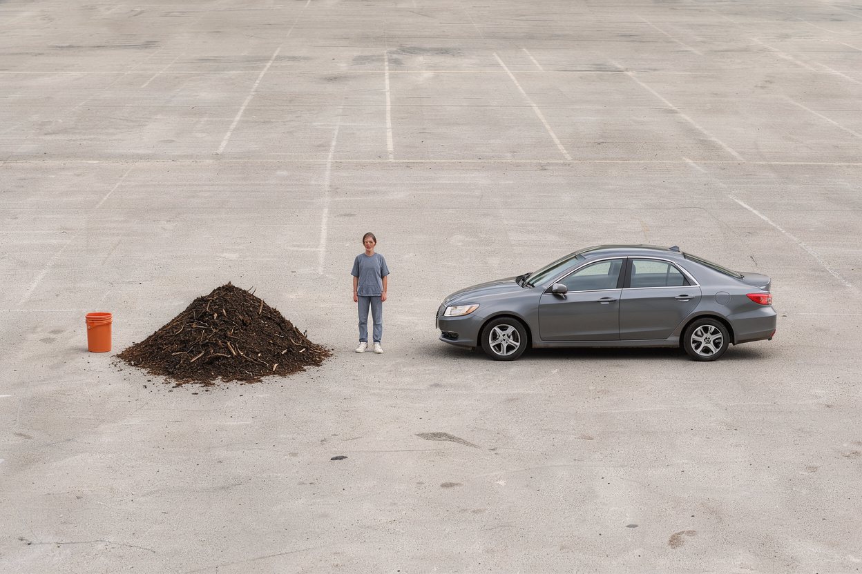 What does 2 cubic yards of compost look like? Shown at true scale next to a 5-gallon bucket, an adult person and a sedan car.