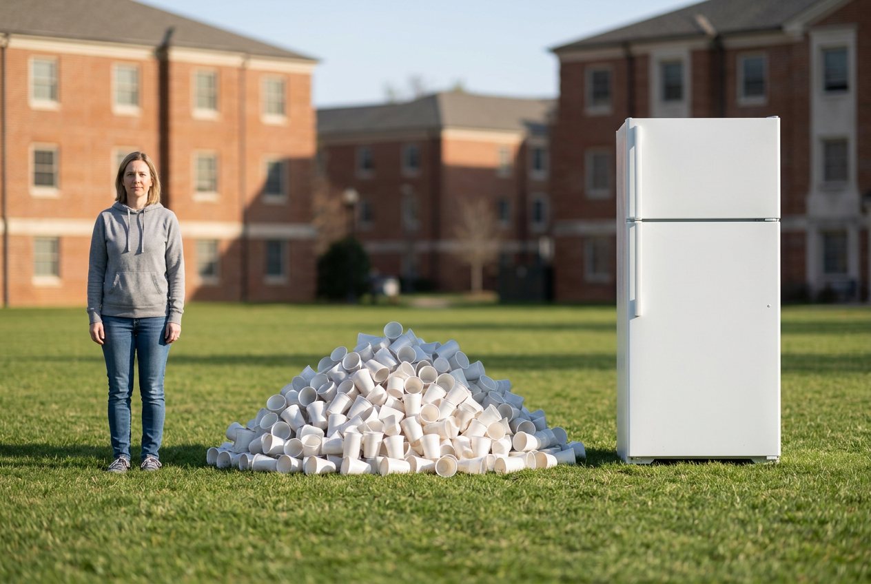 What do 500 plastic cups look like? Shown at true scale next to an adult person and a refrigerator.