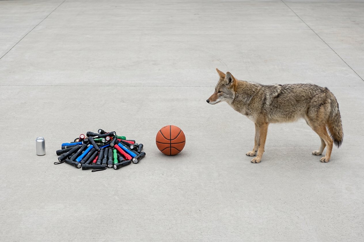 How many flashlights weigh as much as a coyote? Shown at true scale next to a soda can, a basketball and a coyote.