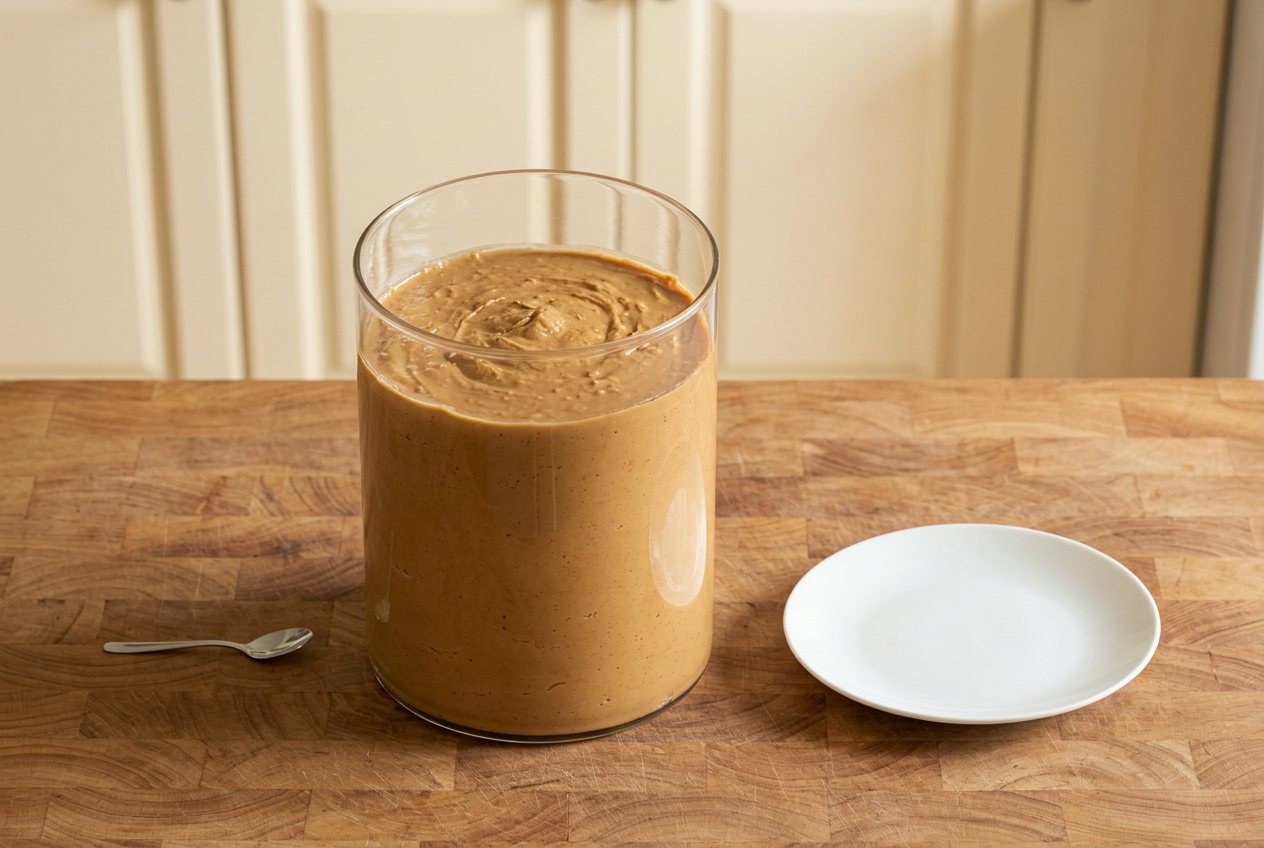 What does 35 pounds of peanut butter look like? Shown at true scale next to a teaspoon and a dinner plate.