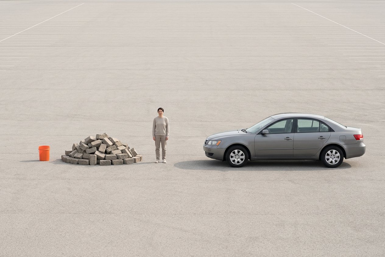 What do 48 retaining wall blocks look like? Shown at true scale next to a 5-gallon bucket, an adult person and a sedan car.