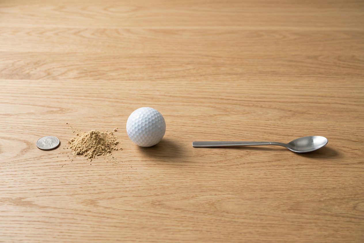 What does 2 teaspoons of maca powder look like? Shown at true scale next to a US quarter, a golf ball and a teaspoon.