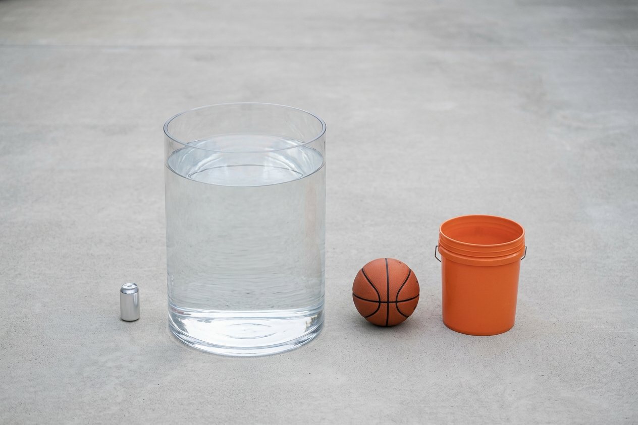 What does 55 gallons of water look like? Shown at true scale next to a soda can, a basketball and a 5-gallon bucket.