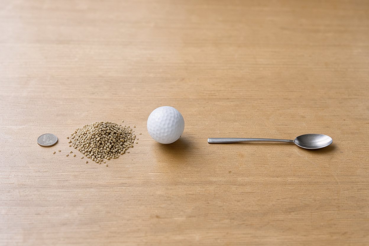 What does 2 tablespoons of hemp seeds look like? Shown at true scale next to a US quarter, a golf ball and a teaspoon.