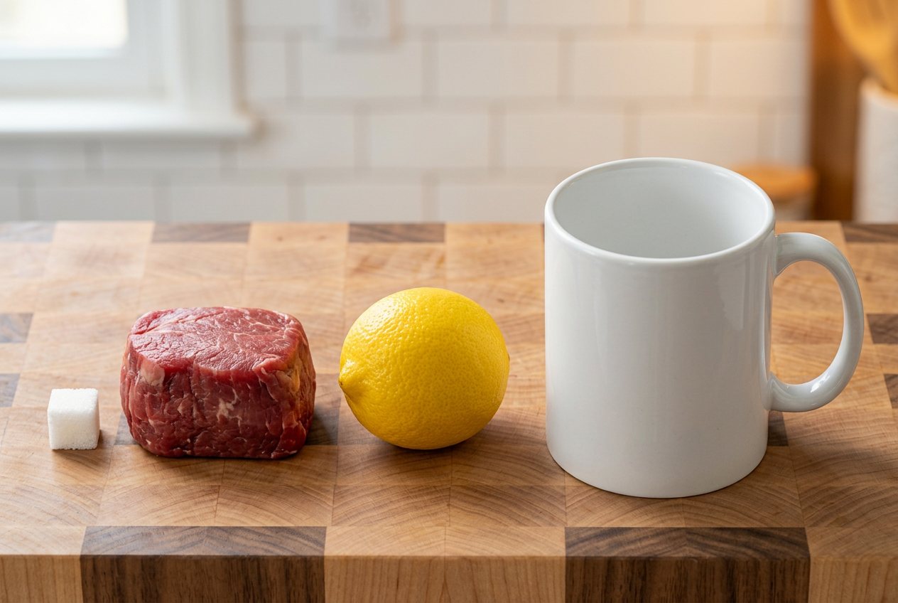 What does 6 ounces of meat look like? Shown at true scale next to a sugar cube, a lemon and a coffee mug.