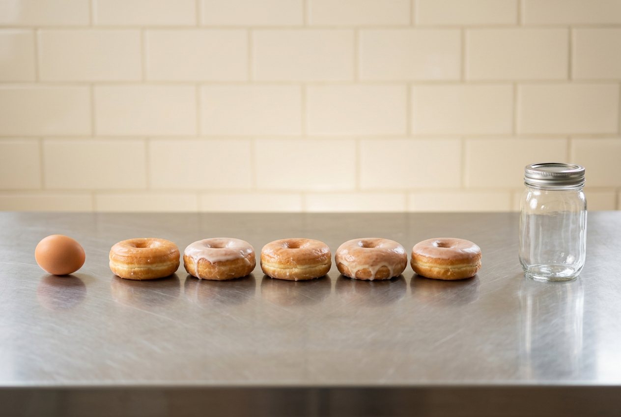What do 5 donuts look like? Shown at true scale next to a large egg and a pint mason jar.