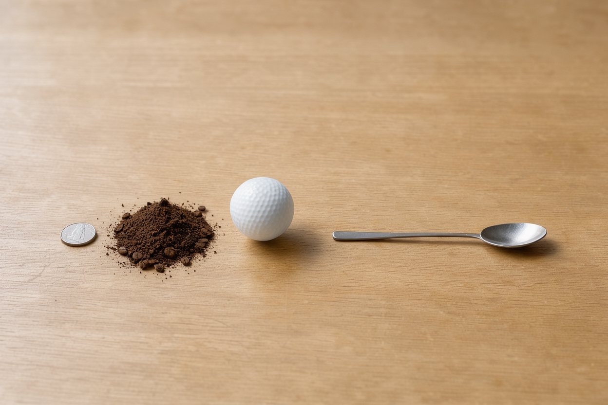 What does 2 tablespoons of ground coffee look like? Shown at true scale next to a US quarter, a golf ball and a teaspoon.
