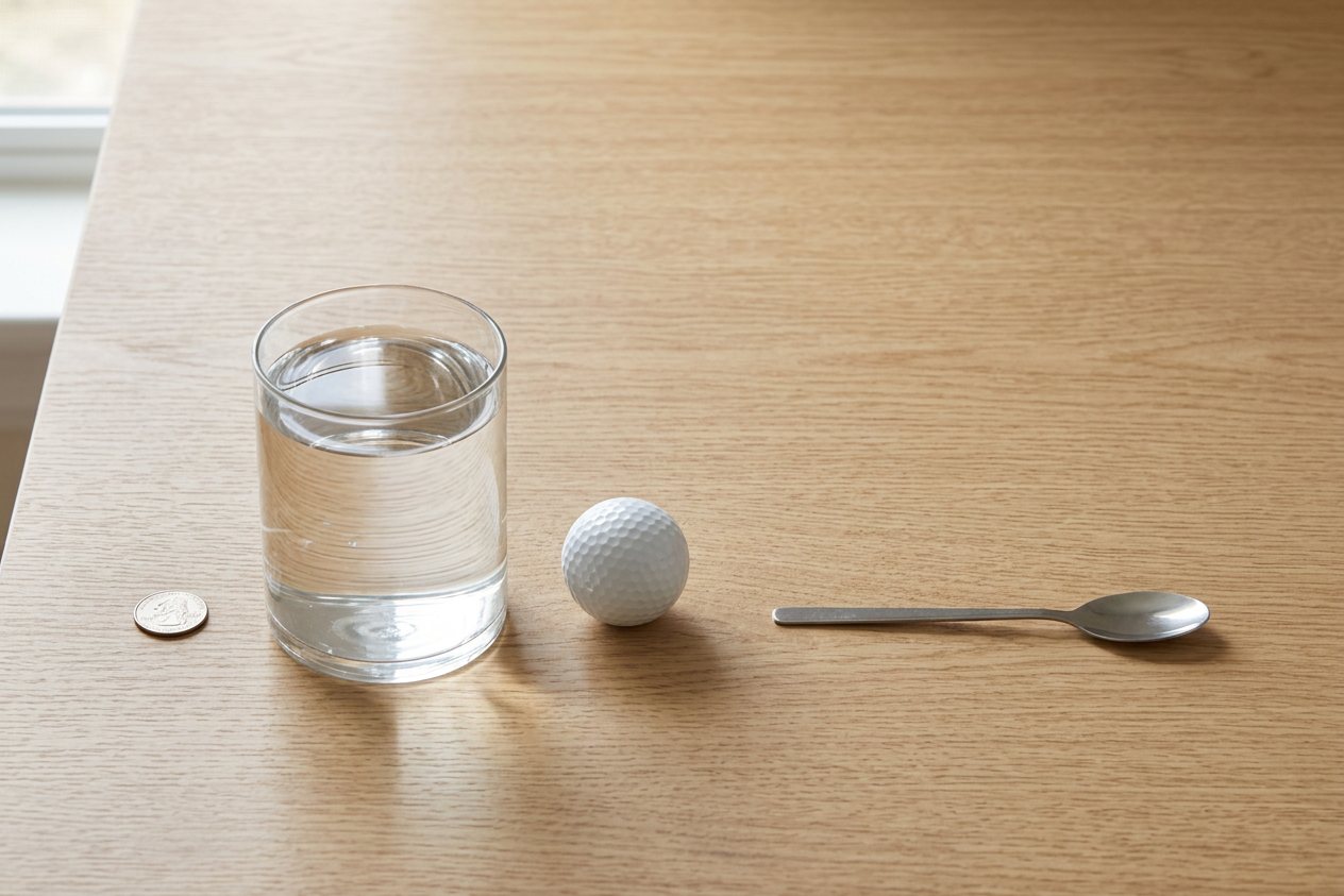 What does 2 cups of water look like? Shown at true scale next to a US quarter, a golf ball and a teaspoon.
