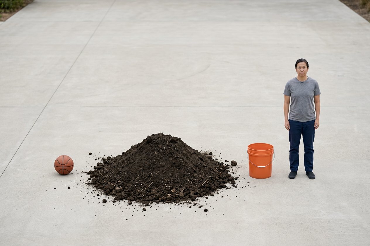 What does 16 cubic feet of topsoil look like? Shown at true scale next to a basketball, a 5-gallon bucket and an adult person.